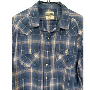 ARIAT Men's XXL Short Sleeve Button Up Pearl Snap Shirt Blue Cowboy Rodeo Ranch